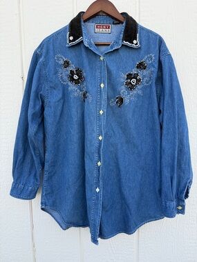HGNY Jeans Women’s Size L Embroidered Beaded Denim Shirt Black Velvet Collar